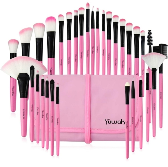 Pink Makeup Brush Set, 32pcs Premium Synthetic Brushes, Kabuki Foundation - Picture 1 of 4
